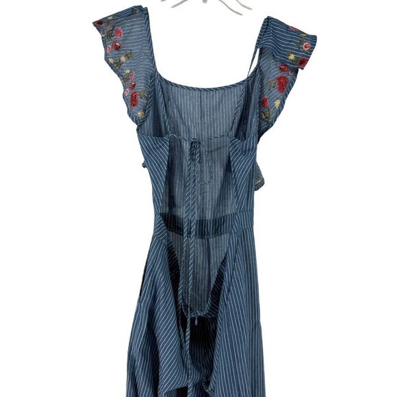 Wide Leg Jumpsuit L Blue Pin Striped Floral Embroidered Ruffle San Joy Open Back - Picture 8 of 11